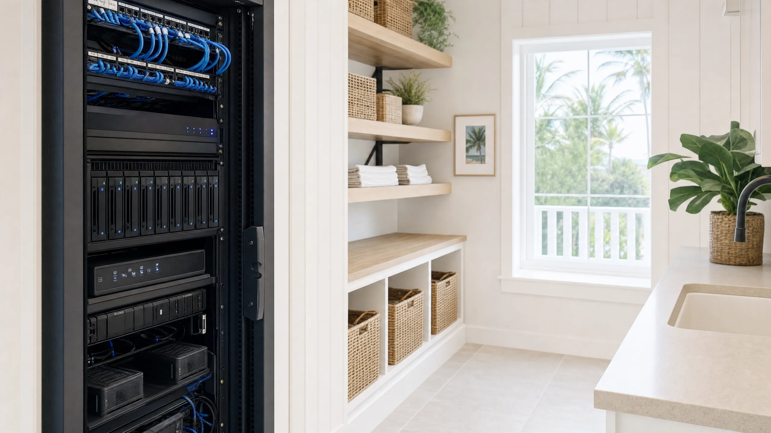 A local camera recorder with hard drives in a clean, labeled utility room representing camera retention planning