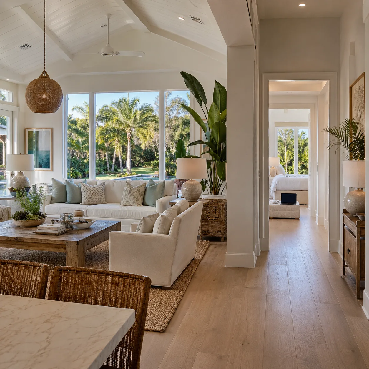 Bright coastal living room and bedroom wing used to show why large homes develop Wi-Fi dead zones