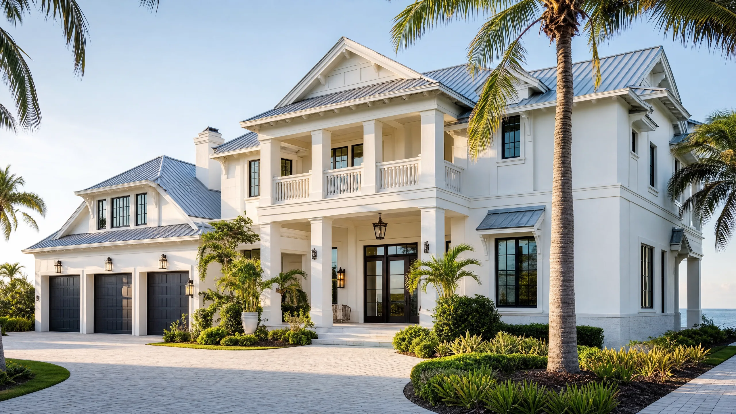 Large Florida coastal home built with concrete block and stucco under a metal roof in bright morning light