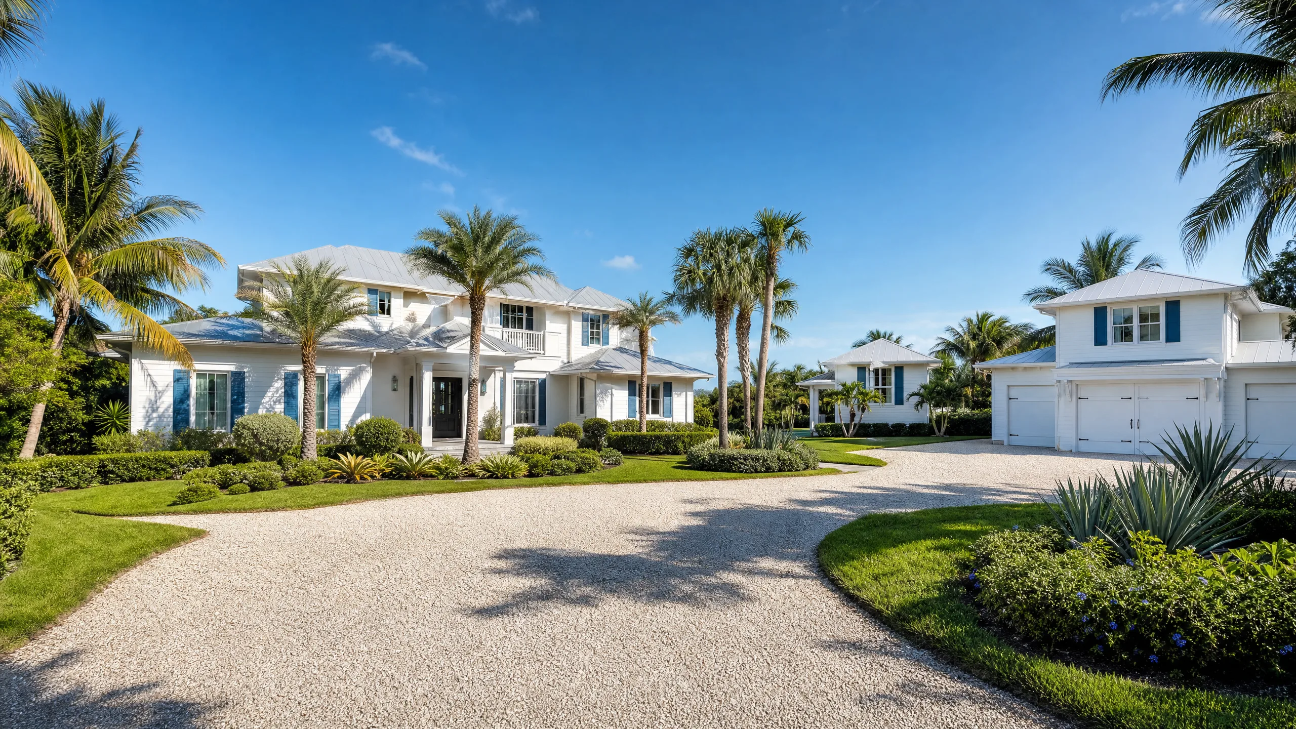 Large Florida coastal lot with a main house and a detached guest house and garage among palm trees in bright natural light