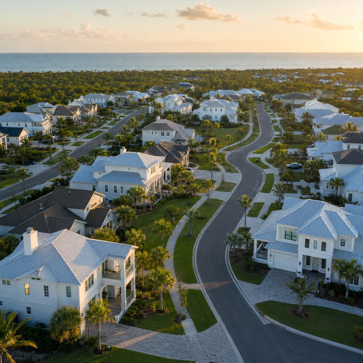 Aerial view of a coastal Emerald Coast neighborhood with large homes and palm-lined streets