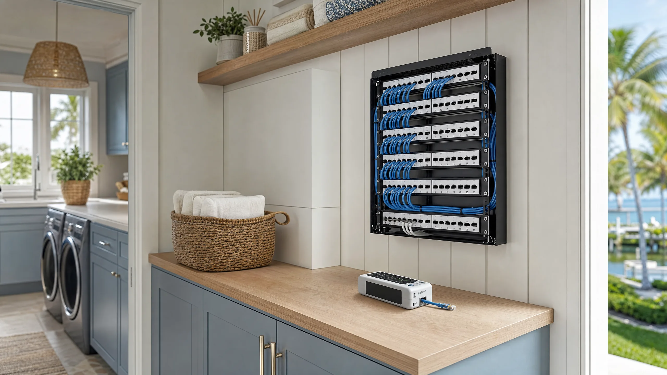 A labeled patch panel with tidy ethernet runs and a cable tester on a clean surface in a coastal utility room