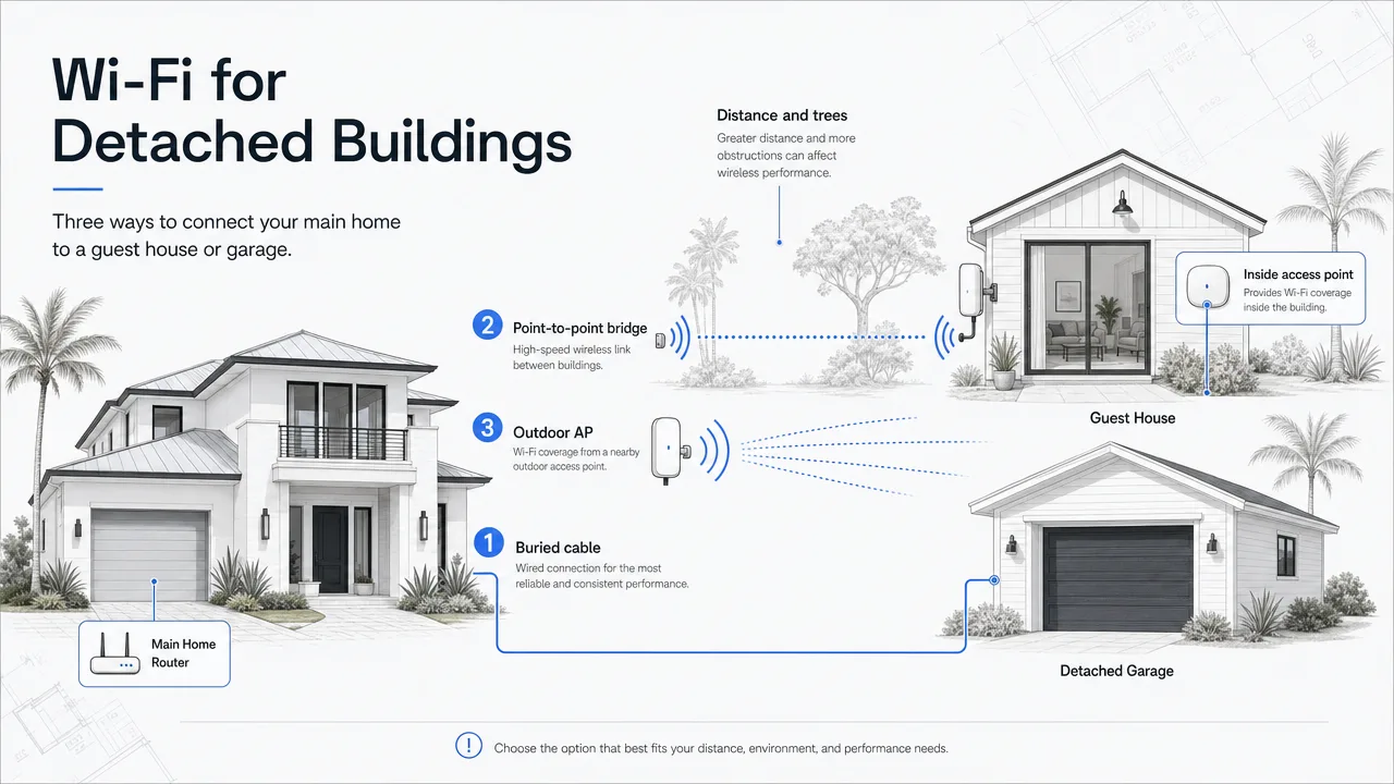 Diagram of a main house and a detached guest house with three link options: buried cable, point-to-point bridge, and outdoor access point, plus an inside access point