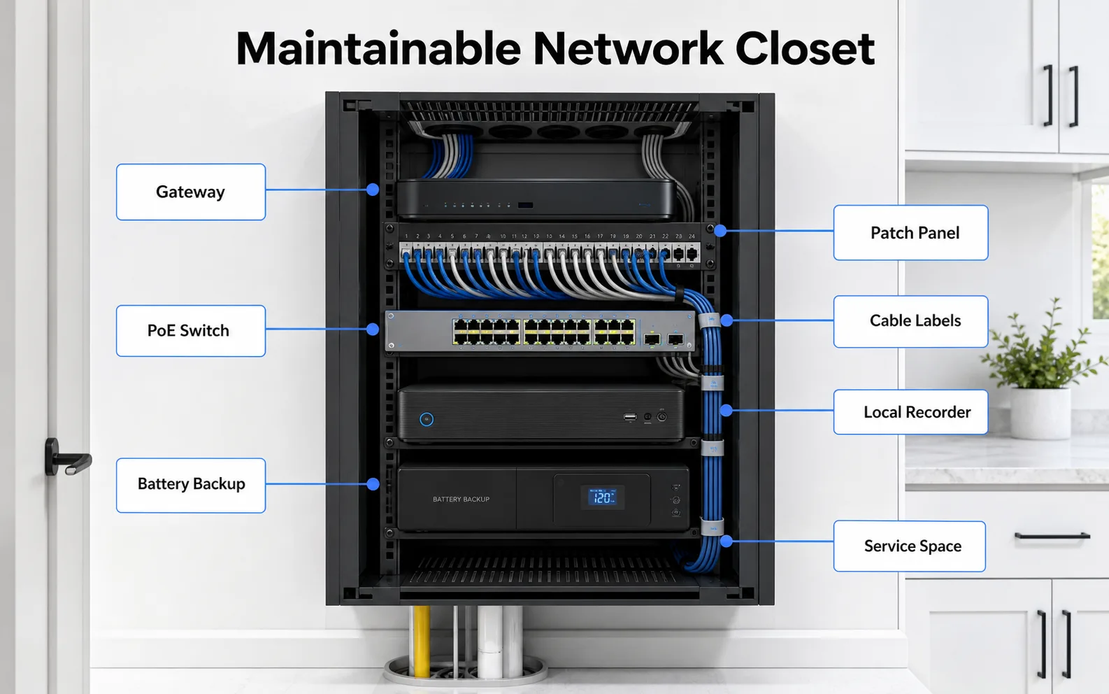 Labeled network rack diagram showing gateway, patch panel, PoE switch, local recorder, battery backup, and documentation