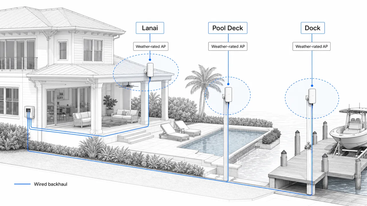 Diagram of a coastal home and yard with lanai, pool deck, and dock coverage zones connected to a weather-rated access point with wired backhaul