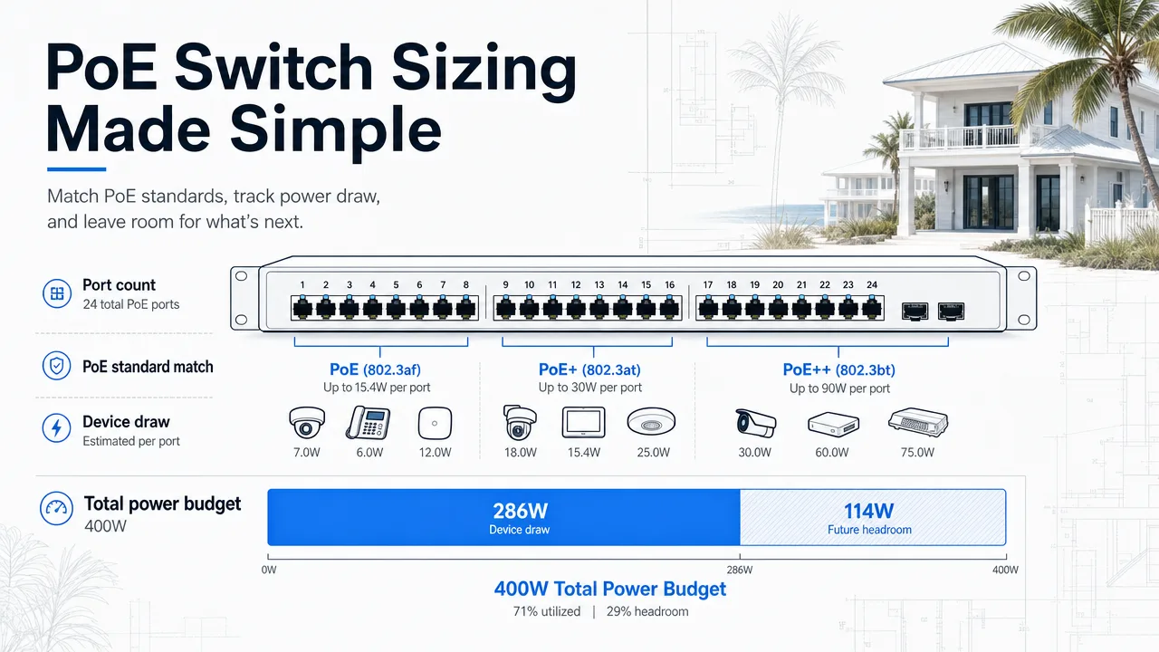 Diagram of a PoE switch with ports filling against a total power budget bar, showing PoE standard matching and reserved headroom