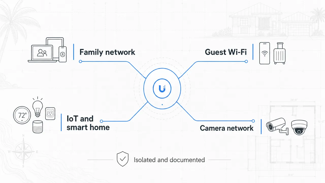 Diagram of a central UniFi hub splitting into four isolated lanes: Family, Guest Wi-Fi, IoT and smart home, and Camera