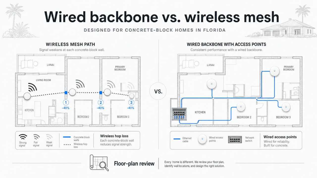 Side-by-side diagram of a wireless mesh path losing signal at concrete-block walls versus a wired access point path with a clean cable back to the switch
