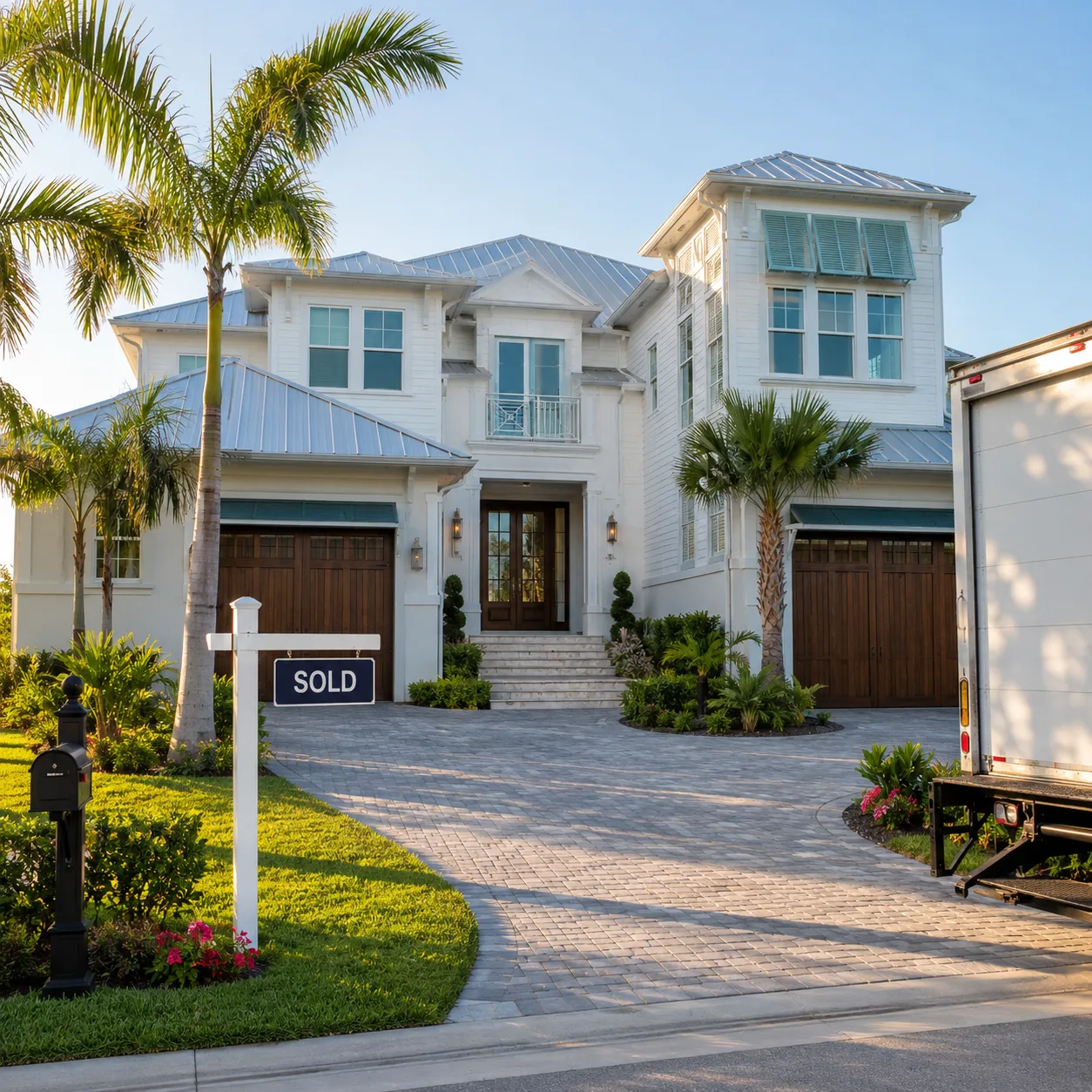 New coastal home at move-in with a sold sign and moving truck, representing after-closing Wi-Fi planning
