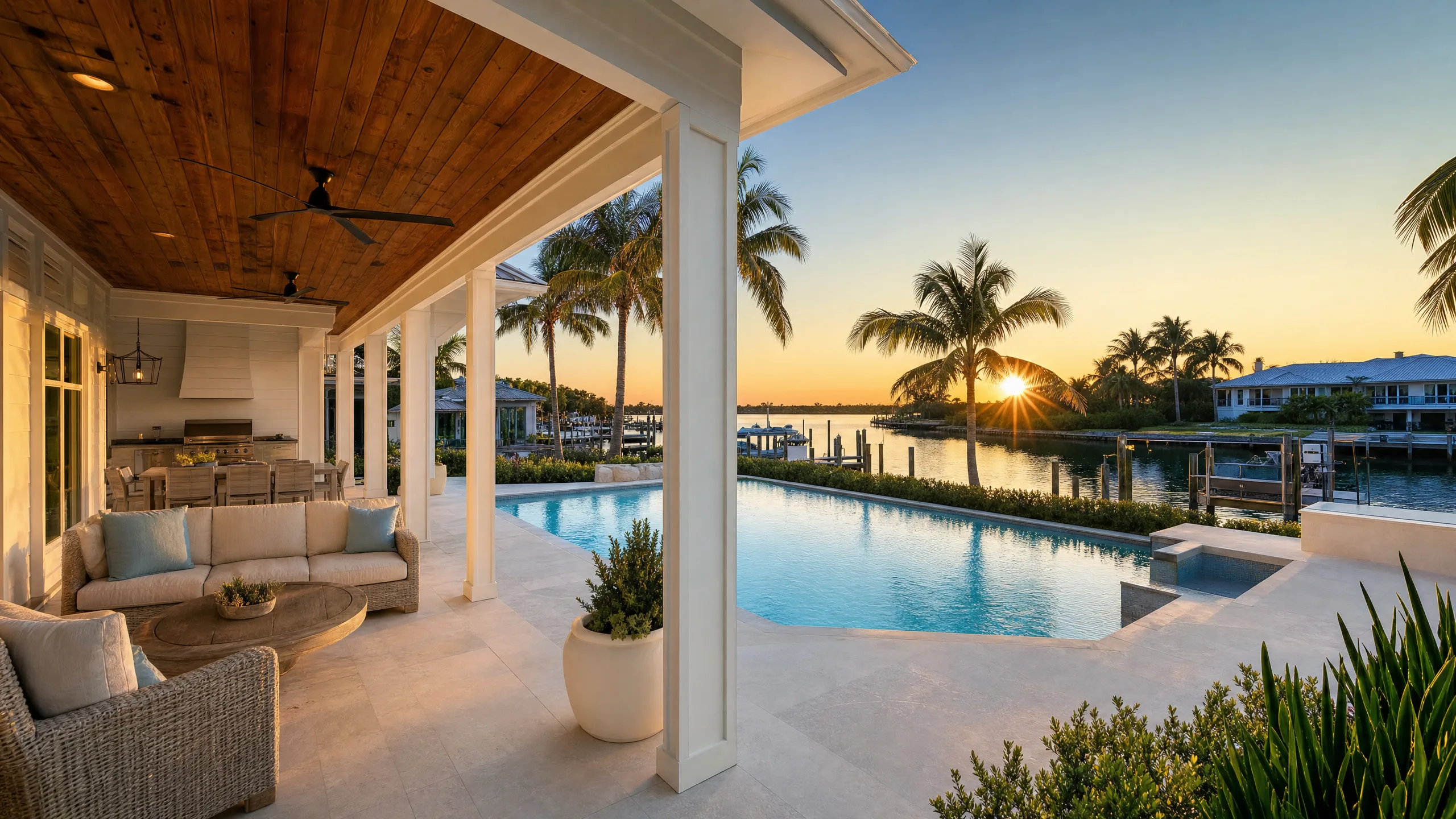 Coastal Florida home at golden hour showing a covered lanai, pool deck, and dock under clear skies