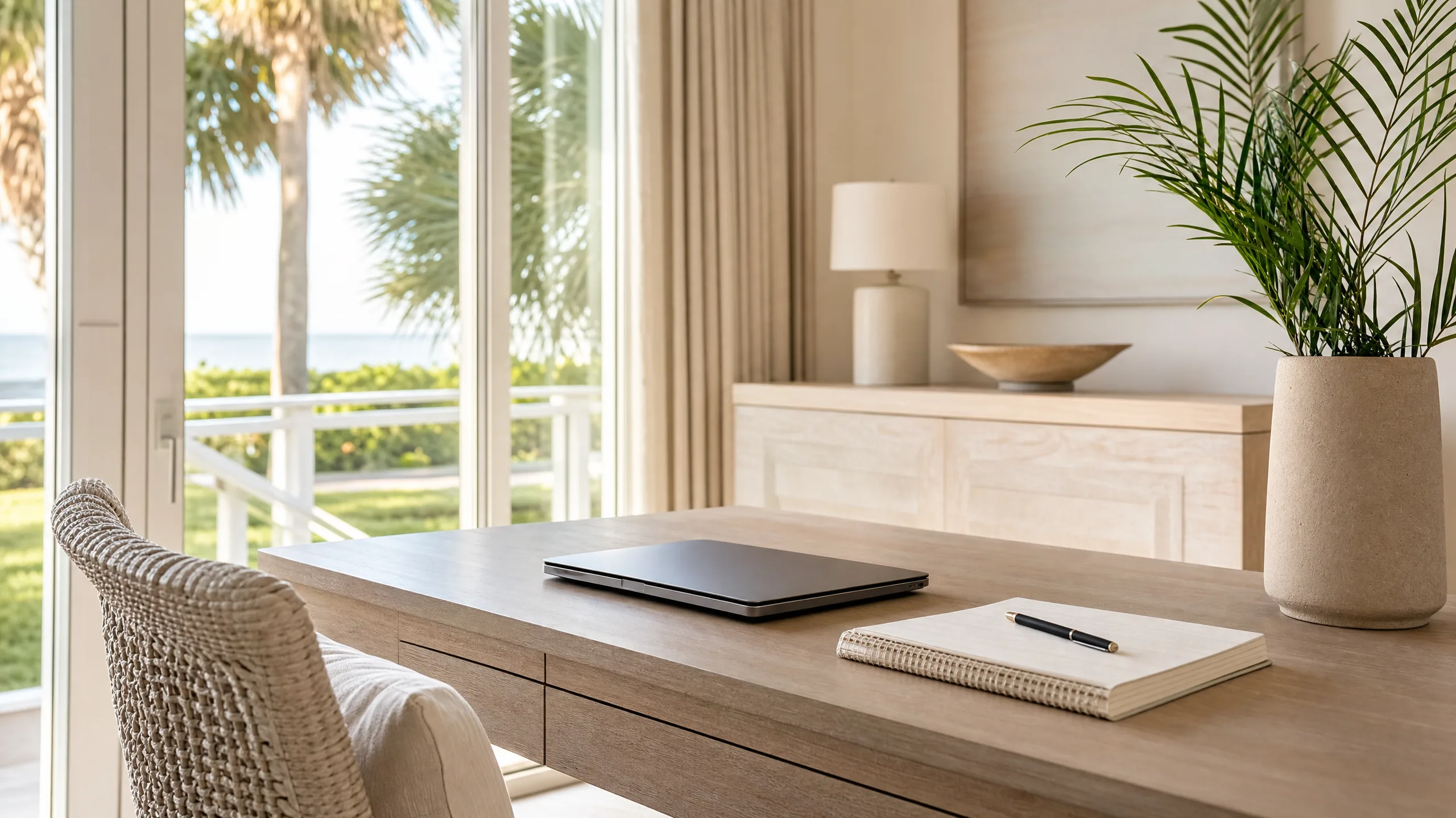 A clean coastal Florida home desk with a slim closed laptop, a tidy notebook, and a pen in soft morning light