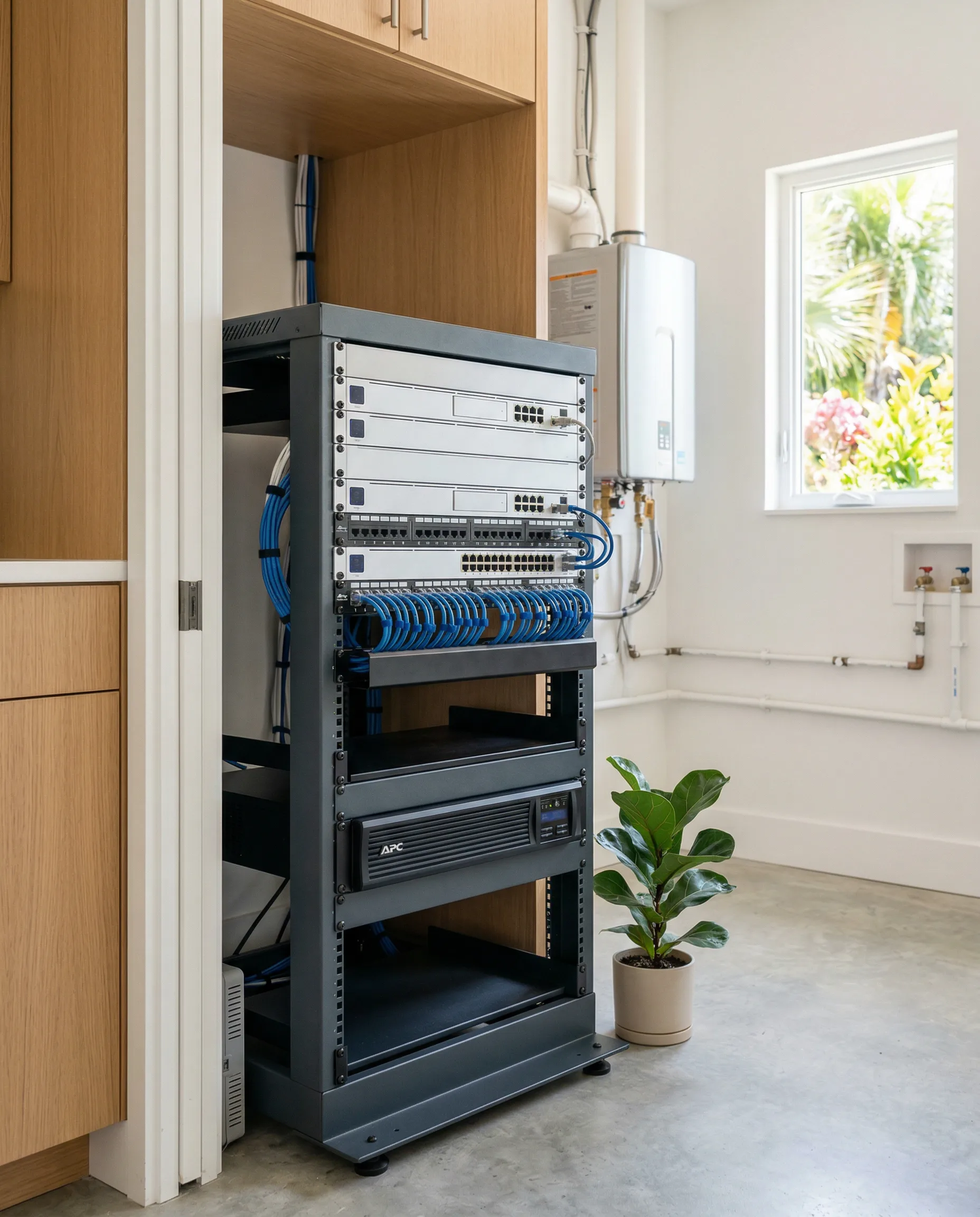 Clean residential network rack in a bright utility room with organized cabling and backup power