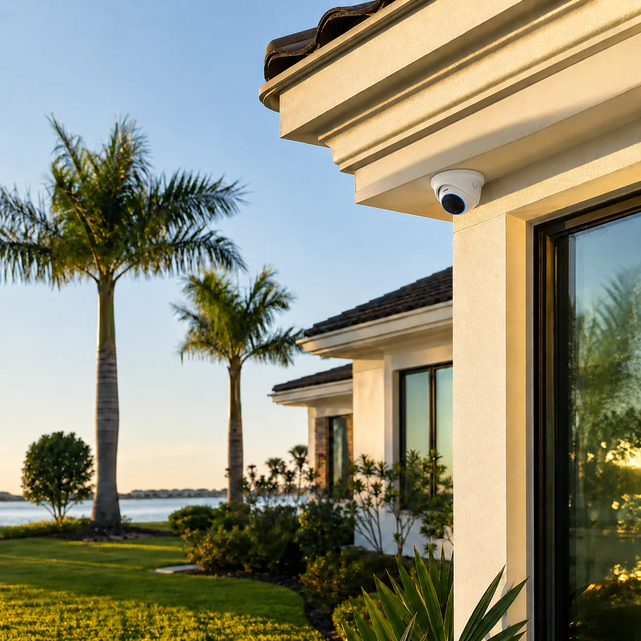 Soffit-mounted camera on a coastal home exterior, representing local camera storage planning