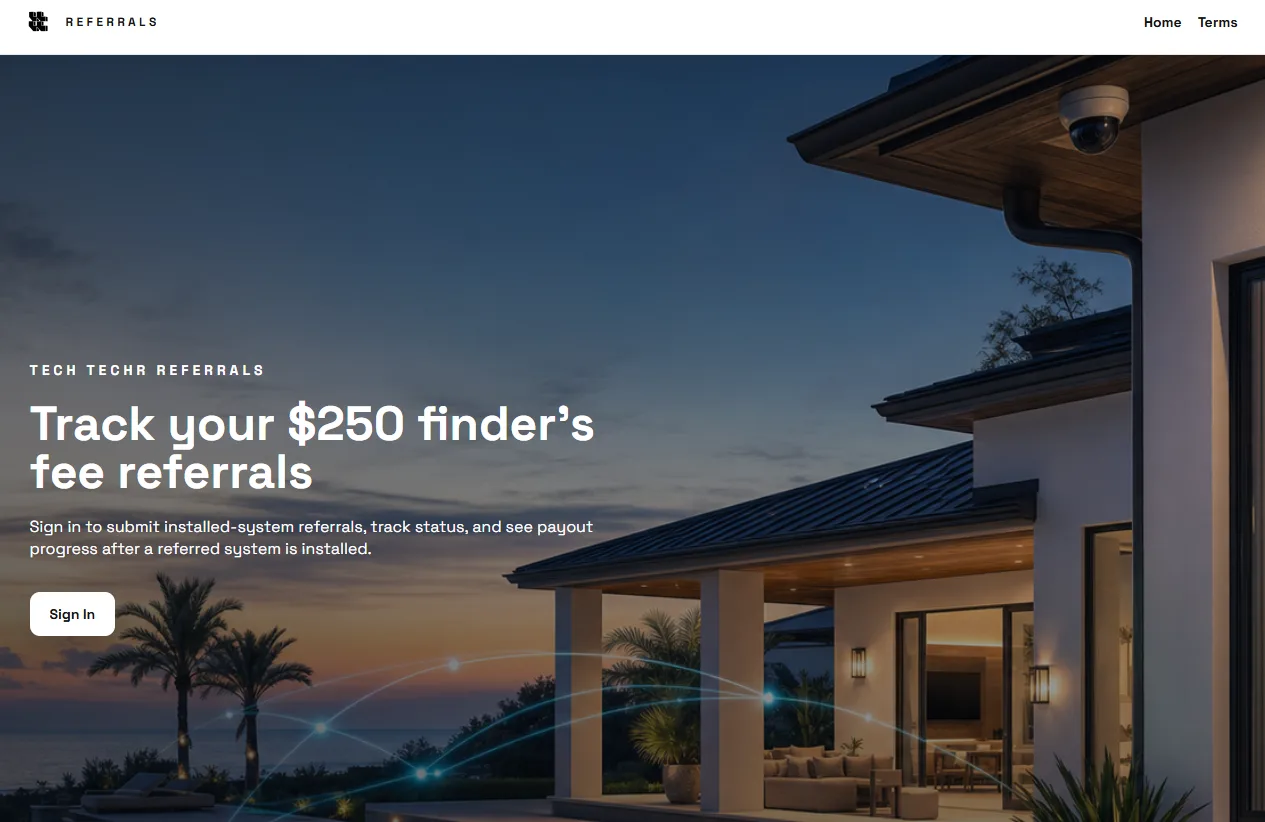 Tech Techr referrals sign-in page for tracking $250 finder’s fee referrals