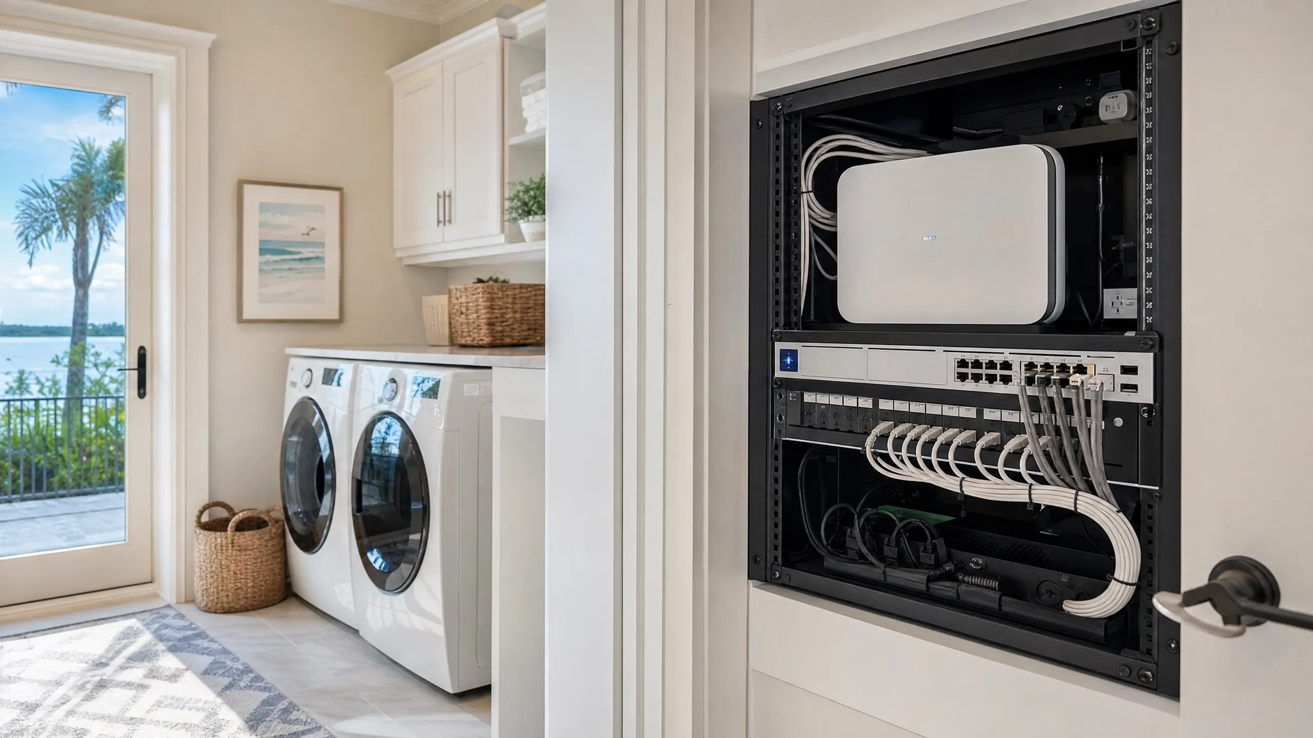 A UniFi-style gateway neatly mounted in a labeled network rack in a clean coastal utility room