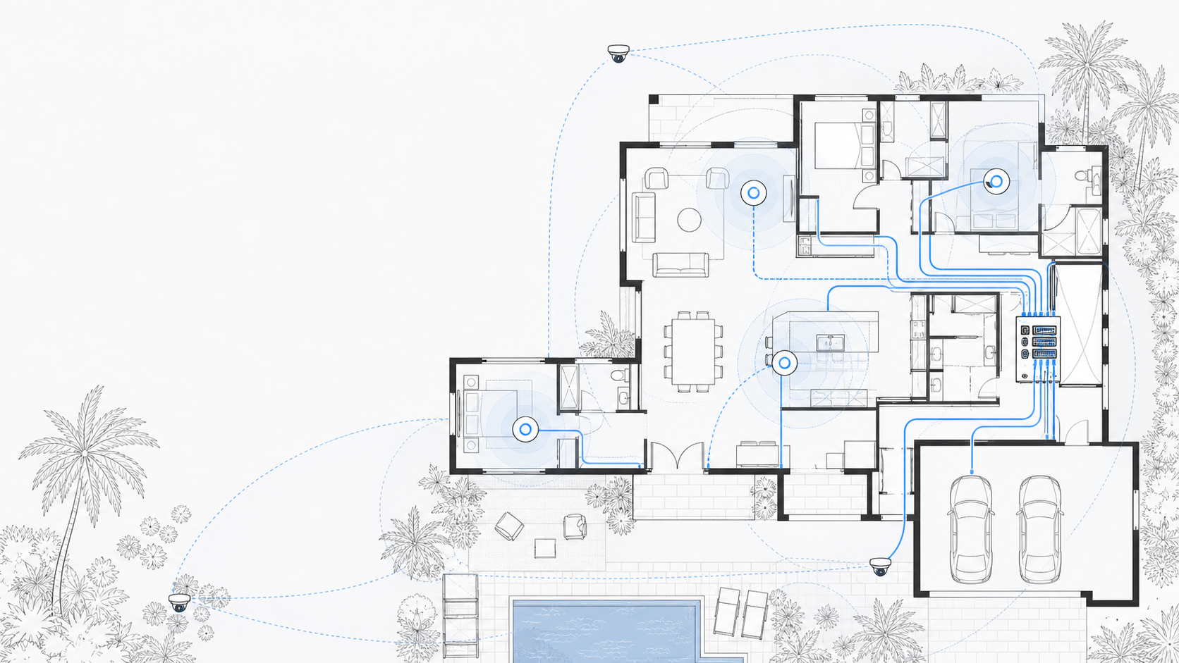 Line-art residential floor plan with coverage rings and cable paths representing the Tech Techr Design Lab