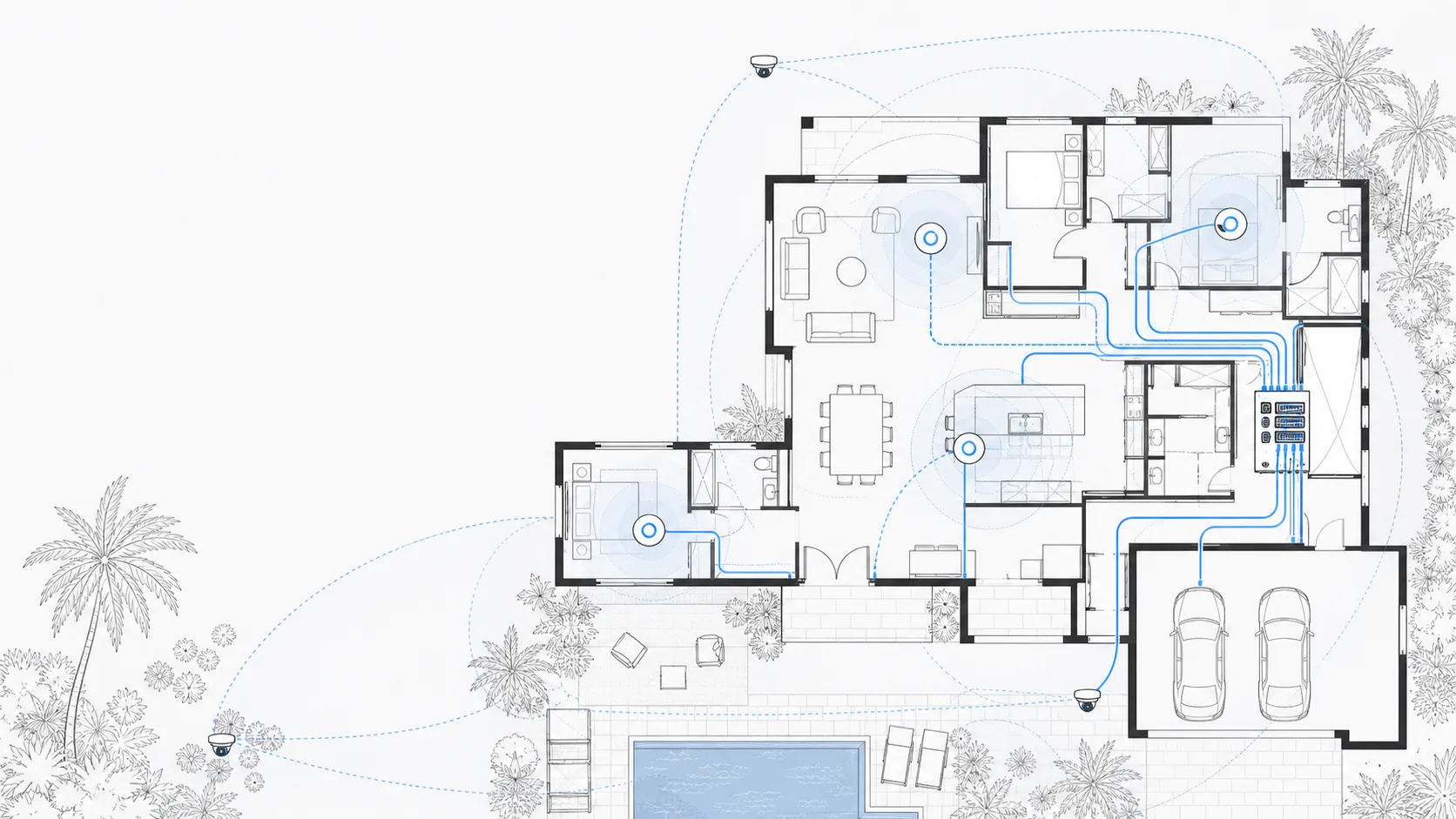 Clean line-art floor plan with Wi-Fi coverage zones, camera sightlines, and network cable paths